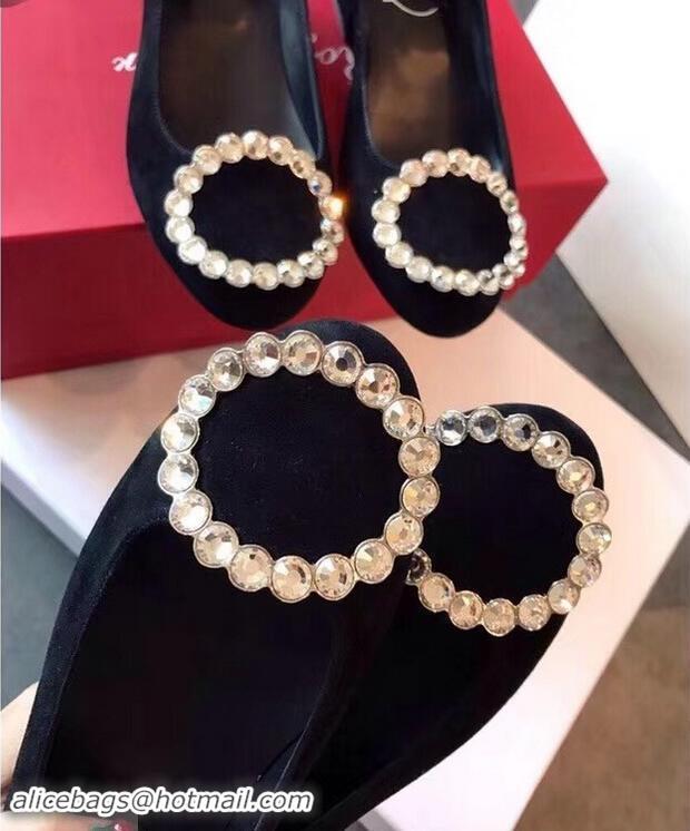 Newest Roger Vivier Suede Crystal Round Buckle Flats R8315 Black 2018