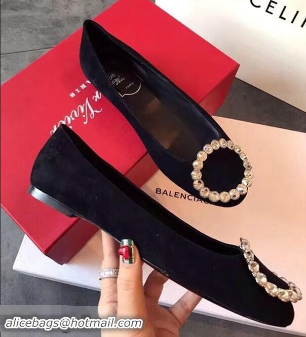 Newest Roger Vivier Suede Crystal Round Buckle Flats R8315 Black 2018