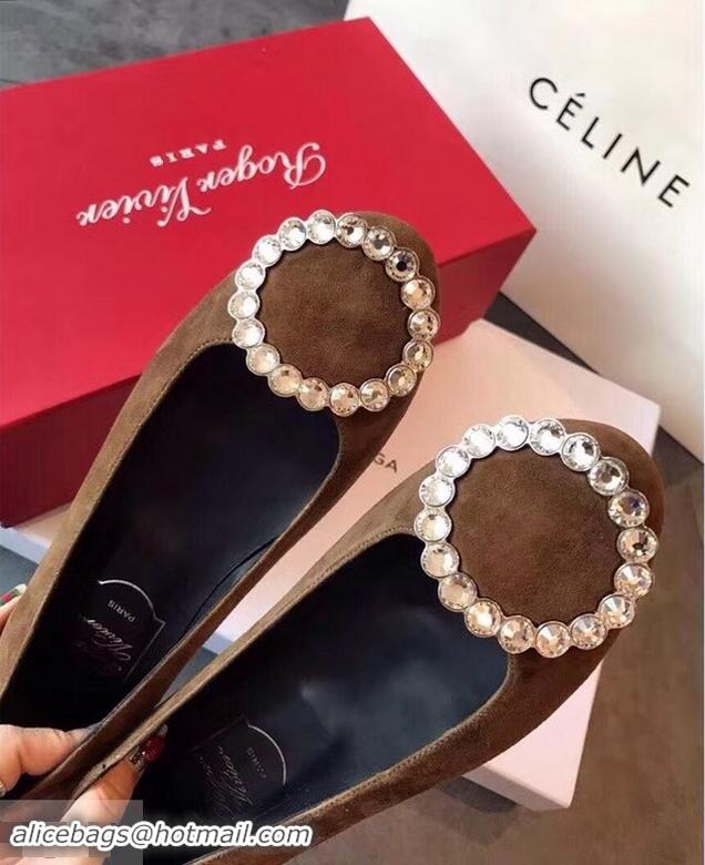 Latest Style Roger Vivier Suede Crystal Round Buckle Flats R8327 Khaki 2018