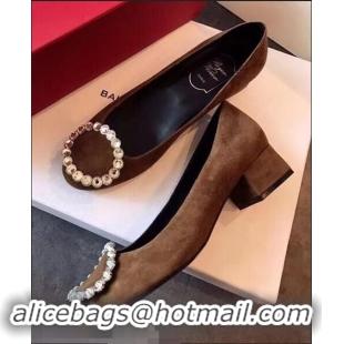 Wholesale Roger Vivier Suede Crystal Round Buckle Pumps R8328 Khaki 2018