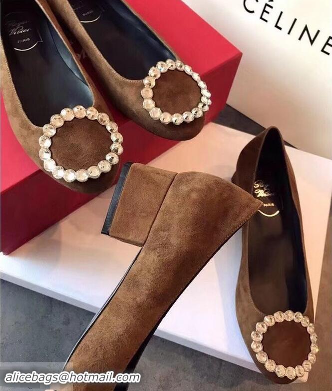 Wholesale Roger Vivier Suede Crystal Round Buckle Pumps R8328 Khaki 2018