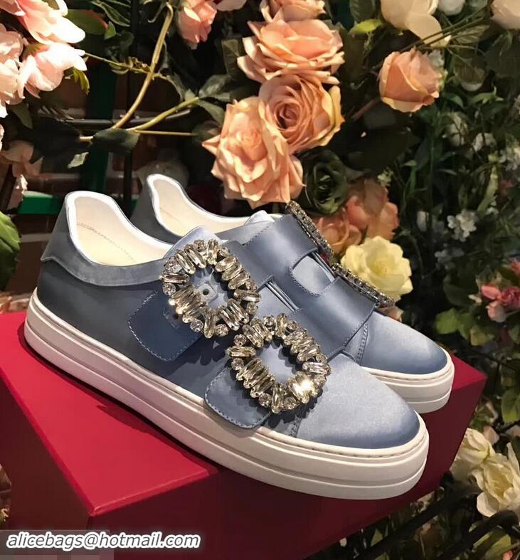 Top Quality Roger Vivier Sneaky Viv' 2 Strass Buckle in Silk Satin Sneakers R8319 Blue 2018