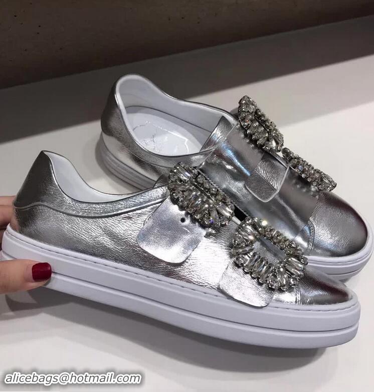 High Quality Roger Vivier Sneaky Viv' 2 Strass Buckle Sneakers in Calfskin R8321 Silver 2018