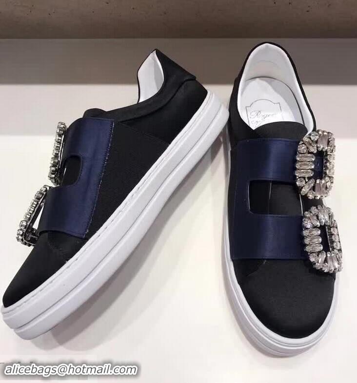 Spot Roger Vivier Sneaky Viv' 2 Strass Buckle in Silk Satin Sneakers R8323 Navy Blue/Black 2018