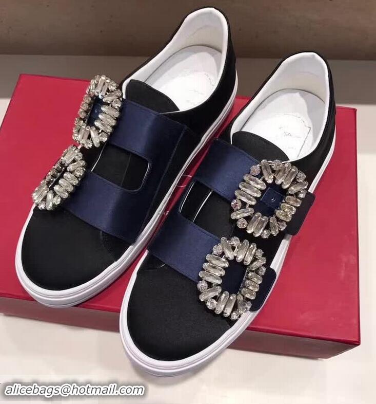 Spot Roger Vivier Sneaky Viv' 2 Strass Buckle in Silk Satin Sneakers R8323 Navy Blue/Black 2018