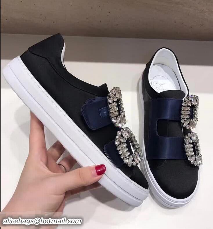 Spot Roger Vivier Sneaky Viv' 2 Strass Buckle in Silk Satin Sneakers R8323 Navy Blue/Black 2018