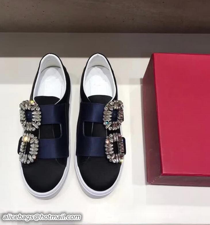 Spot Roger Vivier Sneaky Viv' 2 Strass Buckle in Silk Satin Sneakers R8323 Navy Blue/Black 2018