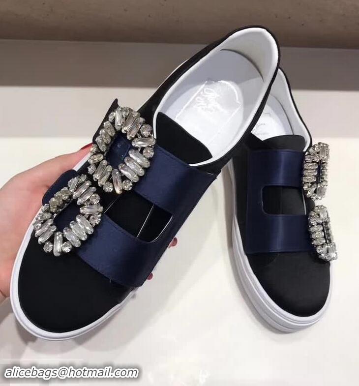 Spot Roger Vivier Sneaky Viv' 2 Strass Buckle in Silk Satin Sneakers R8323 Navy Blue/Black 2018