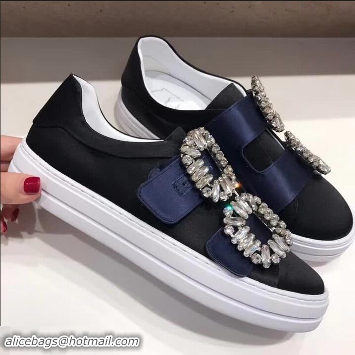 Spot Roger Vivier Sneaky Viv' 2 Strass Buckle in Silk Satin Sneakers R8323 Navy Blue/Black 2018