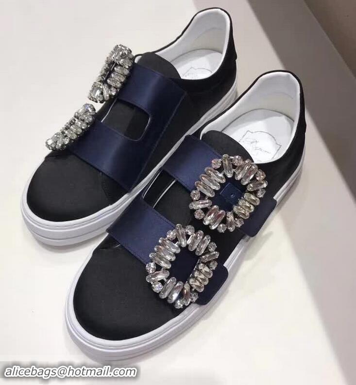 Spot Roger Vivier Sneaky Viv' 2 Strass Buckle in Silk Satin Sneakers R8323 Navy Blue/Black 2018