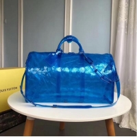 New Arrivals Louis Vuitton Transparent embossed Monogram PVC Keepall Bandouliere 50 M53272 Blue 2019