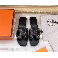 Famous Brand Hermes H Studs Design Slipper H91026 Black