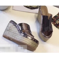 Faux Hermes Patent Leather Platform 4cm Wedge Heel 11cm Studded Espadrille Sandals H93201 Silver Gray