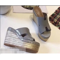 Knockoffs Hermes Patent Leather Platform 4cm Wedge Heel 11cm Studded Espadrille Sandals H93201 Gray