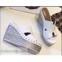 Fashion Hermes Patent Leather Platform 4cm Wedge Heel 11cm Studded Espadrille Sandals H93201 White