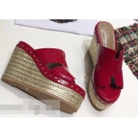 Low Cost Hermes Patent Leather Platform 4cm Wedge Heel 11cm Studded Espadrille Sandals H93201 Red