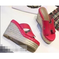 Inexpensive Hermes Epsom Leather Platform 4cm Wedge Heel 11cm Studded Espadrille Sandals H93211 Fuchsia