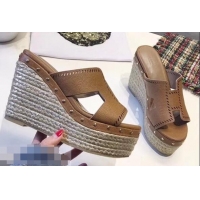 Promotional Hermes Epsom Leather Platform 4cm Wedge Heel 11cm Studded Espadrille Sandals H93211 Brown