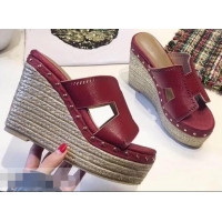 Discount Hermes Epsom Leather Platform 4cm Wedge Heel 11cm Studded Espadrille Sandals H93211 Dark Red