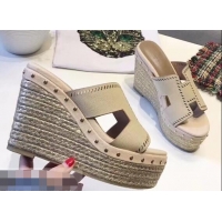 Hot Sell Hermes Epsom Leather Platform 4cm Wedge Heel 11cm Studded Espadrille Sandals H93211 Beige