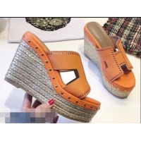 Low Cost Hermes Epsom Leather Platform 4cm Wedge Heel 11cm Studded Espadrille Sandals H93211 Orange