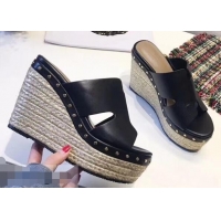 Promotional Hermes Calfskin Platform 4cm Wedge Heel 11cm Studded Espadrille Sandals H93219 Black