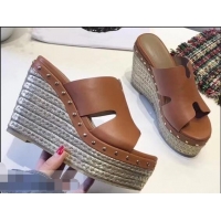 Top Quality Hermes Calfskin Platform 4cm Wedge Heel 11cm Studded Espadrille Sandals H93219 Brown