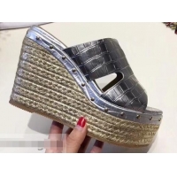 Imitation Hermes Croco Pattern Platform 4cm Wedge Heel 11cm Studded Espadrille Sandals H93226 Silver