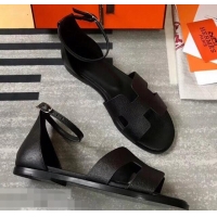 Free Shipping Hermes Santorini Sandals in Epsom Calfskin H95107 Black