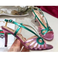 Imitation Gucci Heel 8.5cm Cut-out Bow Leather Sandals C96322 Pink/Green 2019