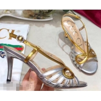 Top Quality Gucci Heel 8.5cm Cut-out Bow Leather Sandals C96322 Silver/Gold 2019