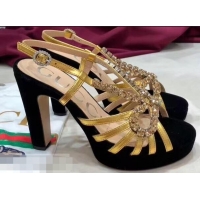 Spot Gucci Heel 10.5cm Platform 2.5cm Cut-out Bow with Crystals Sandals 549638 Velvet Black/Gold 2019