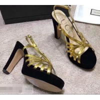 Cheap Gucci Heel 10.5cm Platform 2.5cm Cut-out Bow Leather Sandals 549646 Velvet Black/Gold 2019