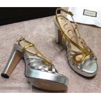 Cheapest Gucci Heel 10.5cm Platform 2.5cm Cut-out Bow Leather Sandals 549646 Silver/Gold 2019