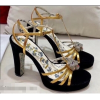 Imitation Gucci Heel 10.5cm Platform 2.5cm Feline Head Sandals C96328 Velvet Black/Gold 2019