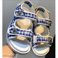 Luxury Imitation Chanel Tweed CC Logo Magic Loop Sandals G34726 Blue 2019