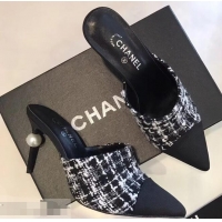 Beautiful New Chanel Pearl Heel 8.5cm Mules G32100 Tweed Black 2019