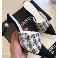 New Design Chanel Pearl Heel 8.5cm Mules G32100 Tweed White 2019