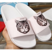 Imitation Bulk Replica Gucci Logo Slide Sandals Cat G96601 White 2019