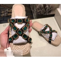 New Product Gucci Grosgrain Espadrilles Slide Sandals with Crystals G96606 Green 2019