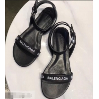 Cheapest Balenciaga Logo Ankle Strap Flat Sandals B94420 Black 2019