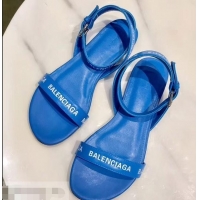 New Style Balenciaga Logo Ankle Strap Flat Sandals B94420 Blue 2019