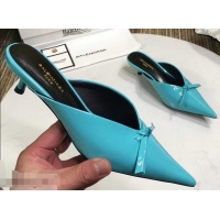 Super Quality Balenciaga Kitten Heel 4cm Pointed Toe Knife Mules Bow Patent B94801 Turquoise