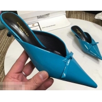 Unique Cheap Balenciaga Kitten Heel 4cm Pointed Toe Knife Mules Bow Patent B94801 Cyan