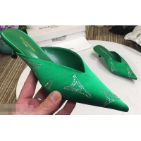 Top Quality Balenciaga Eiffel Tower Strassed Satin Heel 4cm Knife Mules B94809 Green 2019