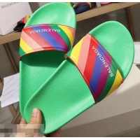 Free Shipping Balenciaga Rainbow Logo Slides Sandals B95707 Green