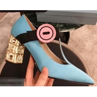 Cheapest Prada Embellishment Heel Button Pumps P93301 Sky Blue 2019