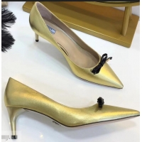 Most Fashion Prada Mid-Heel Pumps P93710 Gold with Bow 2019