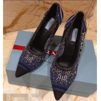 Best Grade Prada Heel 8.5cm Geometric Pattern Jacquard Knit Fabric Pointy Toe Pumps P94815 Blue 2019