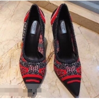 Discount Prada Heel 8.5cm Geometric Pattern Jacquard Knit Fabric Pointy Toe Pumps P94815 Red 2019